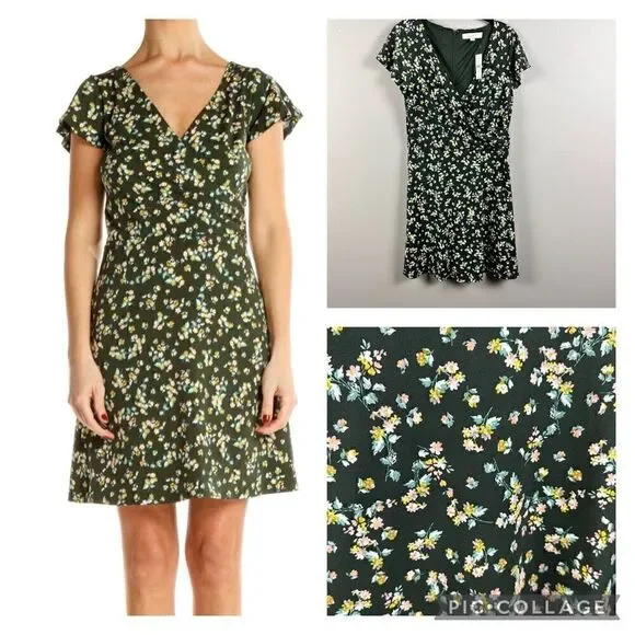 Ann Taylor Loft green ditsy mini floral bouquet v neck faux wrap dress - Picture 1 of 10